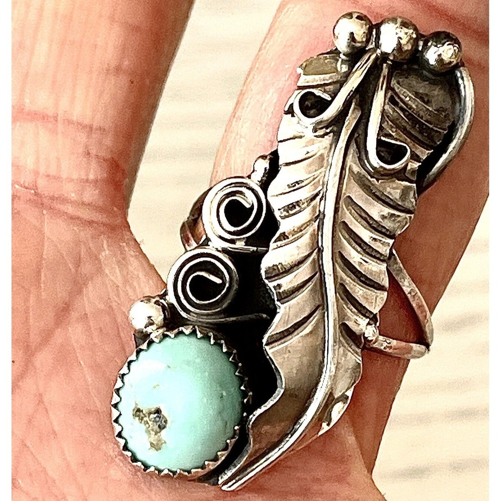 Long Navajo Turquoise Ring Sz 7 Sterling Leaf Feather Signed RM Native American